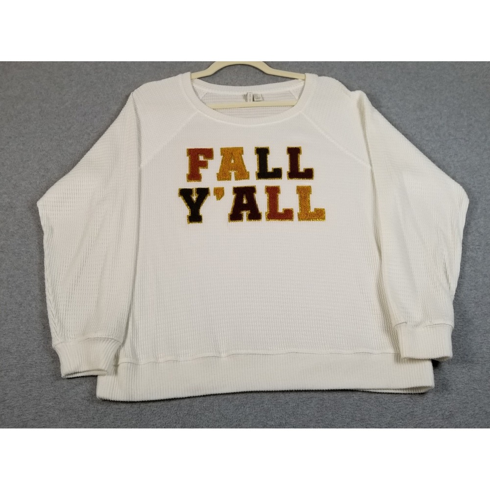 Cato Top Women L Large White Fall Y'All Waffle Knit Pullover See Through Stretch